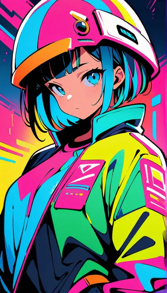 (high quality, 8K, 4k, high contrast, masterpiece:1.2, 最high quality, best aesthetics), (dynamic angle), ((1 female)), ((cyber punk)), ((flat color)), ((Colorful Art)),Helmet,riders jacket, looking at the viewer, Upper body, Colored Background, high contrast, Contrasting colors, cowboy shot,