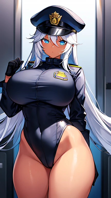 1girl, dark skin, dark-skinned female, police uniform, police, leotard, black leotard, white hair, long hair, blue eyes, police hat, huge breasts, wide hips, thick thighs, policewoman, futuristic, neon trim, science-fiction, machinery, tech, blue trim, glowing eyes, toned female, toned, cute face, milf, adult female, neon