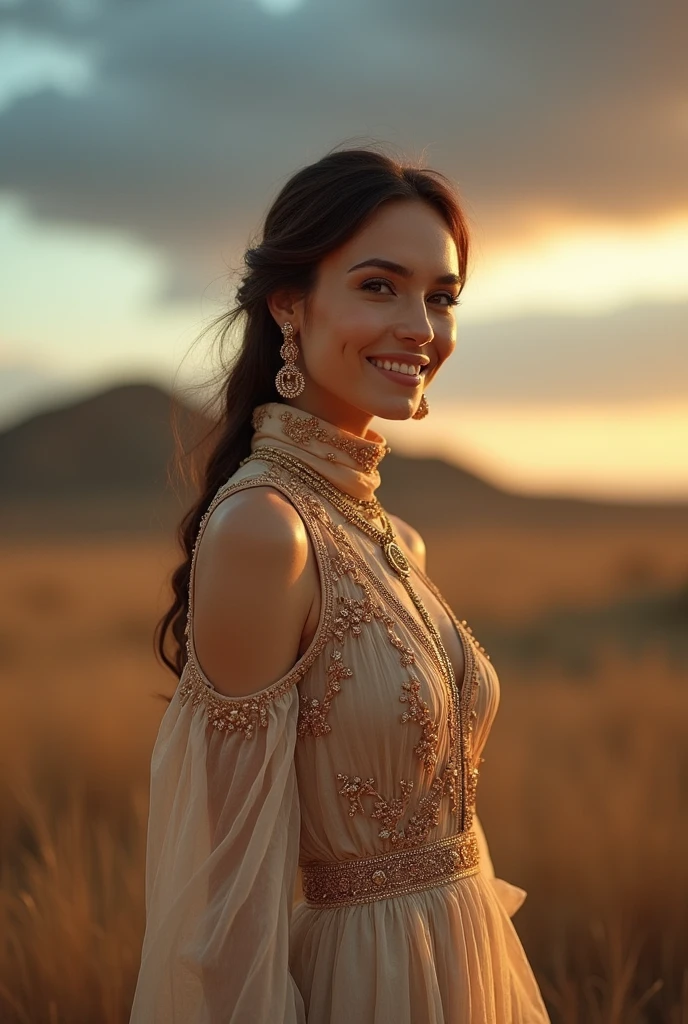 long shot scenic professional photograph of Masterpiece, absurdres,award winning photo, UHD 12k, extremely detailed, amazing, fine detail, ((extremely detailed eyes and face)), by lee jeffries nikon d850 film stock photograph 4 kodak portra 400 camera f1.6 lens rich colors hyper realistic lifelike texture dramatic lighting unrealengine trending on artstation cinestill 800 tungsten, beautiful smiling woman,Haute_Couture, woman ,in a turtleneck_style rustic baige colour dress posing for a picture,golden embroidery,jewelry ,wearing Haute_Couture
perfect viewpoint, highly detailed, wide-angle lens, hyper realistic, with dramatic sky, polarizing filter, natural lighting, vivid colors, everything in sharp focus, HDR, UHD, 64K