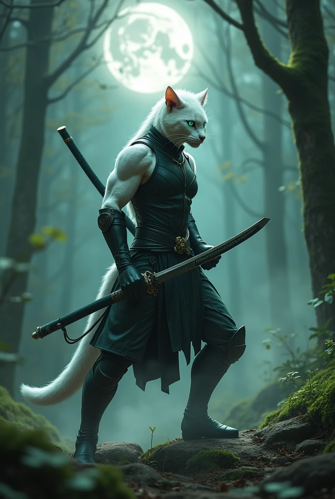 a humanoid white feline wielding a katana called uchigatana, wearing black leather armor