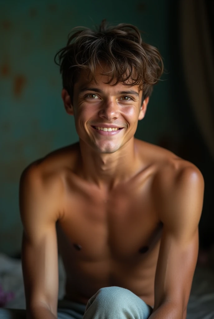Young man , face perfect, honey eyes , skinny y , shirtless big muscular ,short straight rebellious hair, He's sitting on his bed in the dirty, poor, filthy room in the favela. , He is 18 years old , smiling beautiful , embarrased, cheerfulness