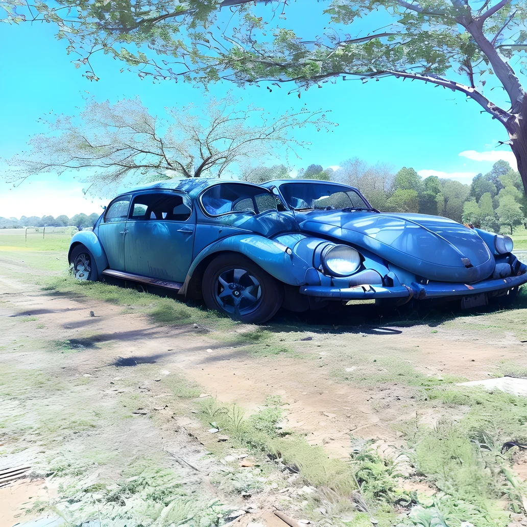 there is a blue car parked in a field with a tree, beetle, front side full, front side, beetle-inspired, side front view, manual, full car, front shot, buggy, front profile, frontal shot, scarab, restored, front side view, full front view, full view of a car, frontal view, year 1 9 7 0