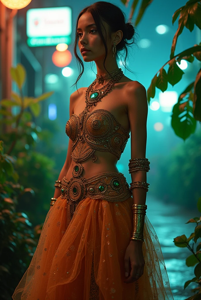 Cyberpunk retrofuturistic biofashion clothing mixing Amazonian indigenous tribal traits and Belenense aristocracy style of the Belle Époque of Pará. Delicate tulle fabric. Front model