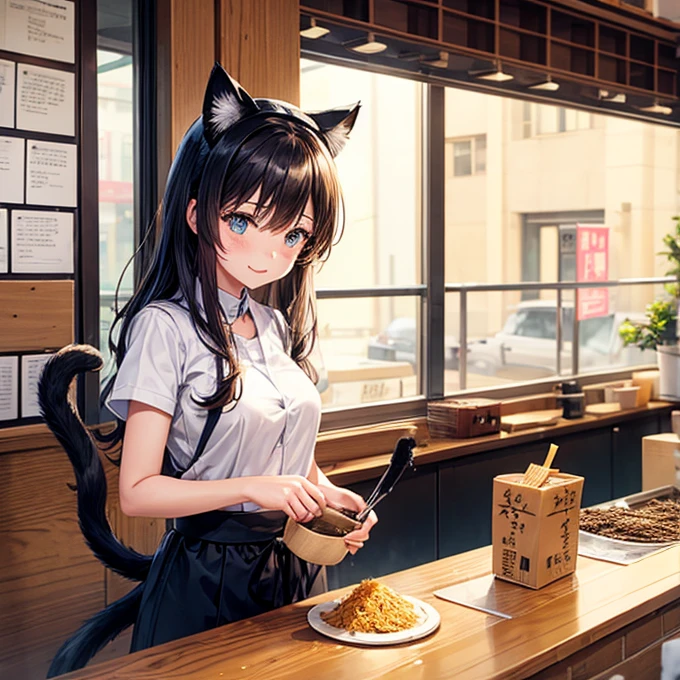 A girl with cat ears and a tail working at a soba noodle shop