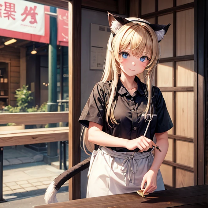 A girl with cat ears and a tail working at a soba noodle shop