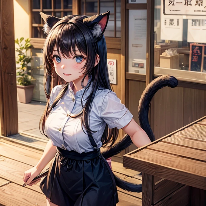 A girl with cat ears and a tail working at a soba noodle shop