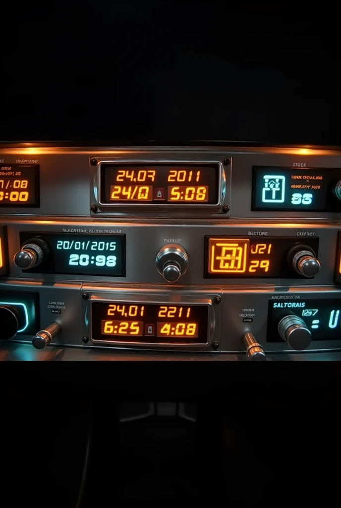 Internal panel of the delorean time machine from the movie Back to the Future. Include the dates 24/02/2011 20/01/2015 and 20/07/2021. Use the same original spelling from the movie that appears on the time machine's panel. Maintain the same standard used in the film 
