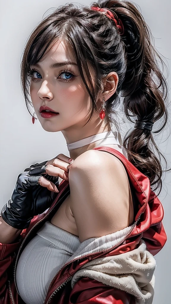 ((Beautiful Face:1.4)), (Purelos Face_v1: 1.0), Half Body,((White simple background)),one person, return,((Natural Big Breasts:1.0)), (Beautiful Japanese Women),bangs, Exposing shoulders, black gloves, Blue eyes, Braiding, choker, Earrings, fingerless gloves, From behind, gloves, Grey Hair, Holding, Jacket, jewelry, Long Hair, View your viewers, looking return, Manicure, Off the shoulder, Lips parted, Earrings, ponytail, red Jacket, alone, Upper Body,[[Realistic]],(Glowing Skin),(masterpiece:1.4),(Highest quality:1.4)