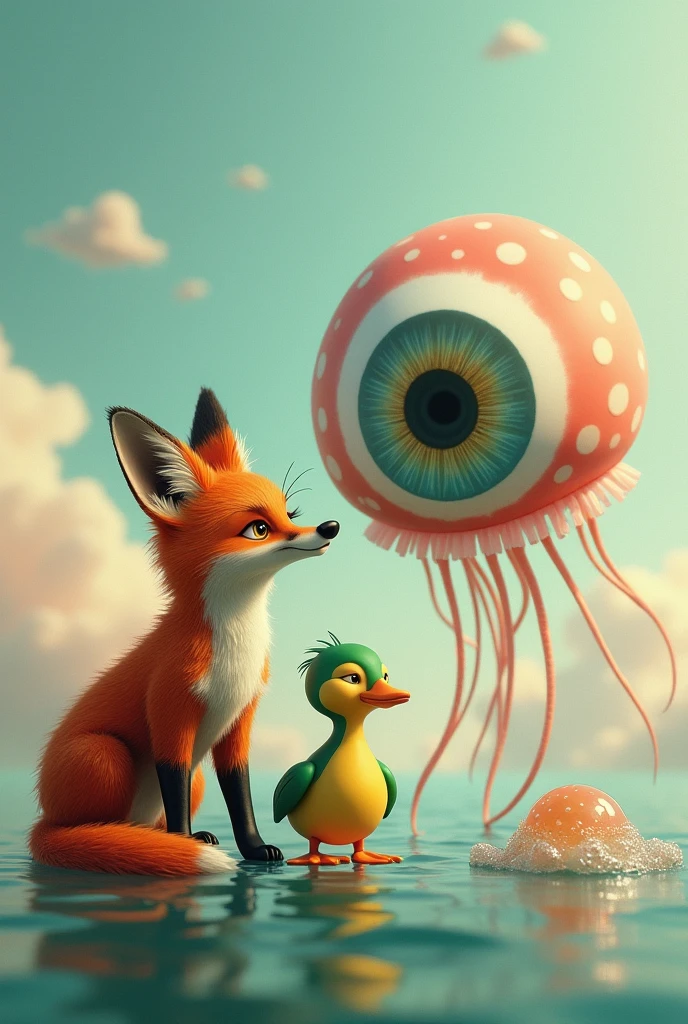an eye next to a fox a duck and a jellyfish together next to each other