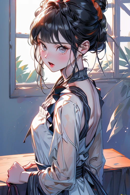 {(masterpiece,best quality, 8K UHD, extremely detailed CG, detailed beautiful face and eyes and skin and hair),(beautiful like picture:1.1)},{plain background:1.4},BREAK,{(watercolor image:1.2),sketch,bright colors overall,gentle color},{Simple configuration:1.1},{erotic face,anguish,(painful:1.1),(very very ecstasy:1.2),(writhing:1.4),embarrassing}, BREAK,{solo girl,black hair,braid hair intricately,black glowing eyes},{yukata,(open clothes:1.2)},(Show shoulders:1.4),profile}