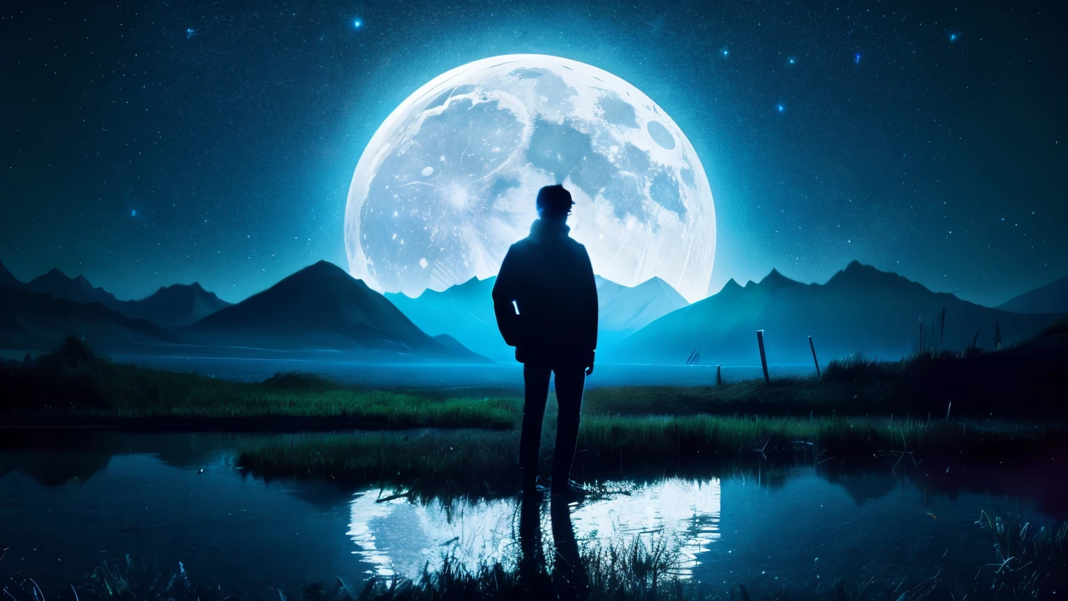 Full moon and starry sky reflected in lake, quiet night. Digital Illustration, Highly detailed background, Spectacular Background, Big moon on the water, Background infinite universe, beautiful moonlight night, Natural scenery at night, Night view background, Night sky reflected on the water, Awesome Wallpapers, Moon reflection, Moon reflected on the surface of the water, Beautiful digital art, bird, sailboat.