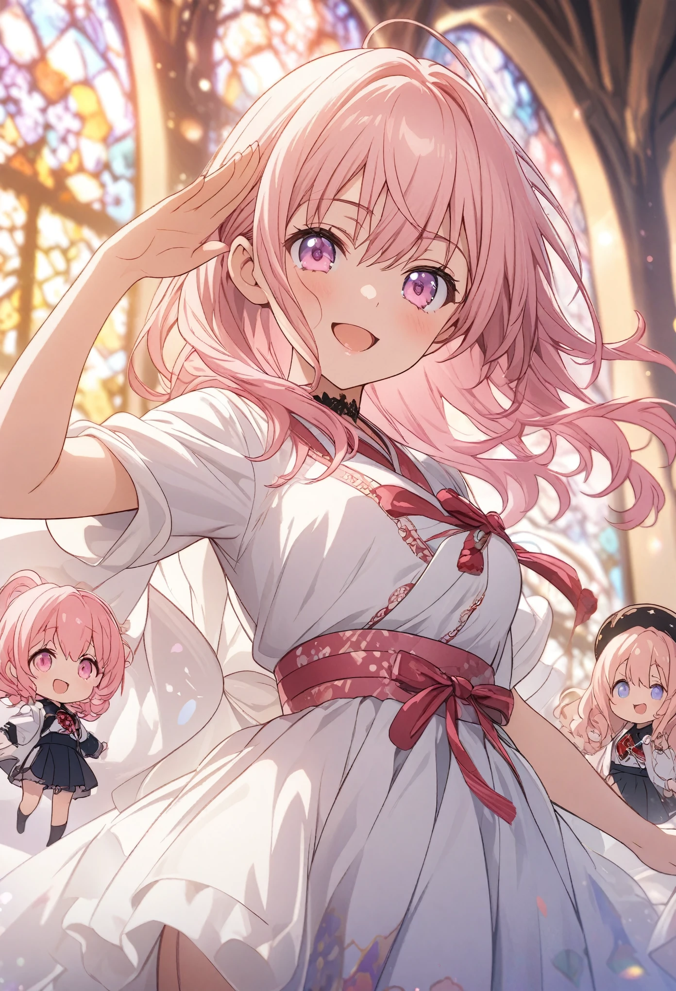 Twin girls, masterpiece, Highest quality, Highly detailed CG Unity 8K wallpapers, High  Girl Anime Illustration, Costumes with Japanese patterns、salute、she has her eyes closed and mouth open, smile. Stained glass background, Pink Hair Color, Pink Eyes, Pink eyelashes, Cowboy Shot, morning, Bokeh, (Soft Focus):1.2, Out of focus highlights, Dreamy atmosphere, Fascinating Depth, chibi, Fantasy