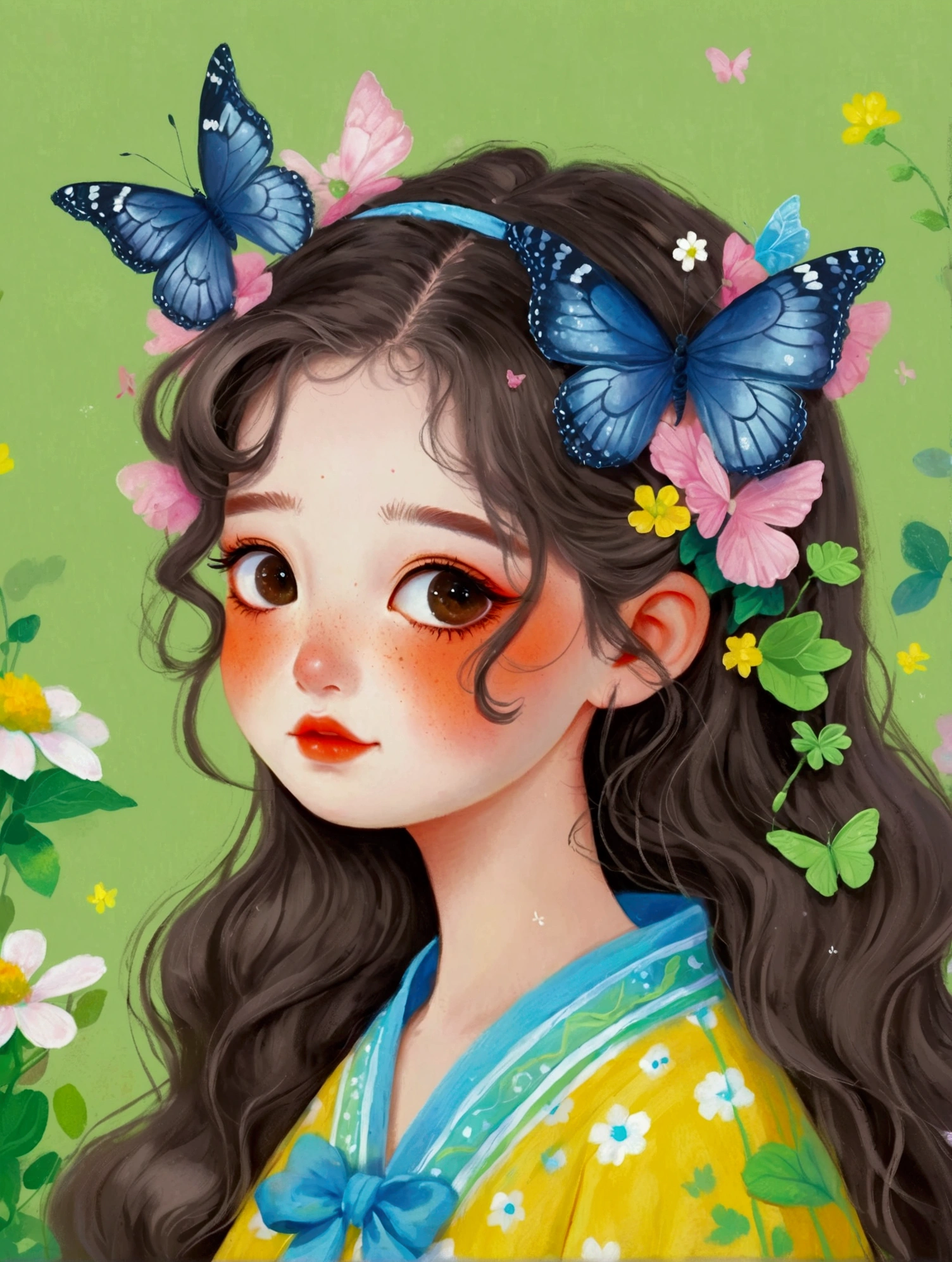A painting,Pastel Art:a painting of a girl with a butterfly in her hair, a digital painting by Li Song, artstation, fantasy art, a beautiful artwork illustration, cute digital art, cute detailed digital art, digital cartoon painting art, trending on artstration, cute art style, realistic cute girl painting, beautiful digital illustration, beautiful art uhd 4 k, adorable digital painting