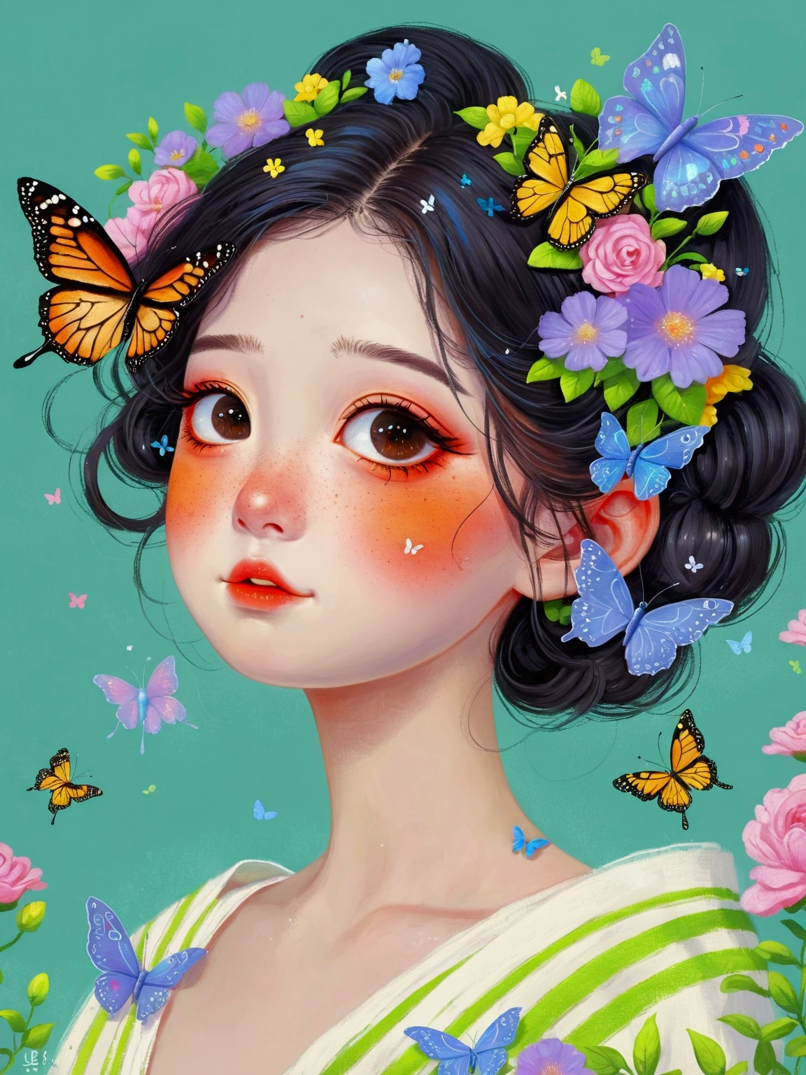 A painting,Pastel Art:a painting of a girl with a butterfly in her hair, a digital painting by Li Song, artstation, fantasy art, a beautiful artwork illustration, cute digital art, cute detailed digital art, digital cartoon painting art, trending on artstration, cute art style, realistic cute girl painting, beautiful digital illustration, beautiful art uhd 4 k, adorable digital painting