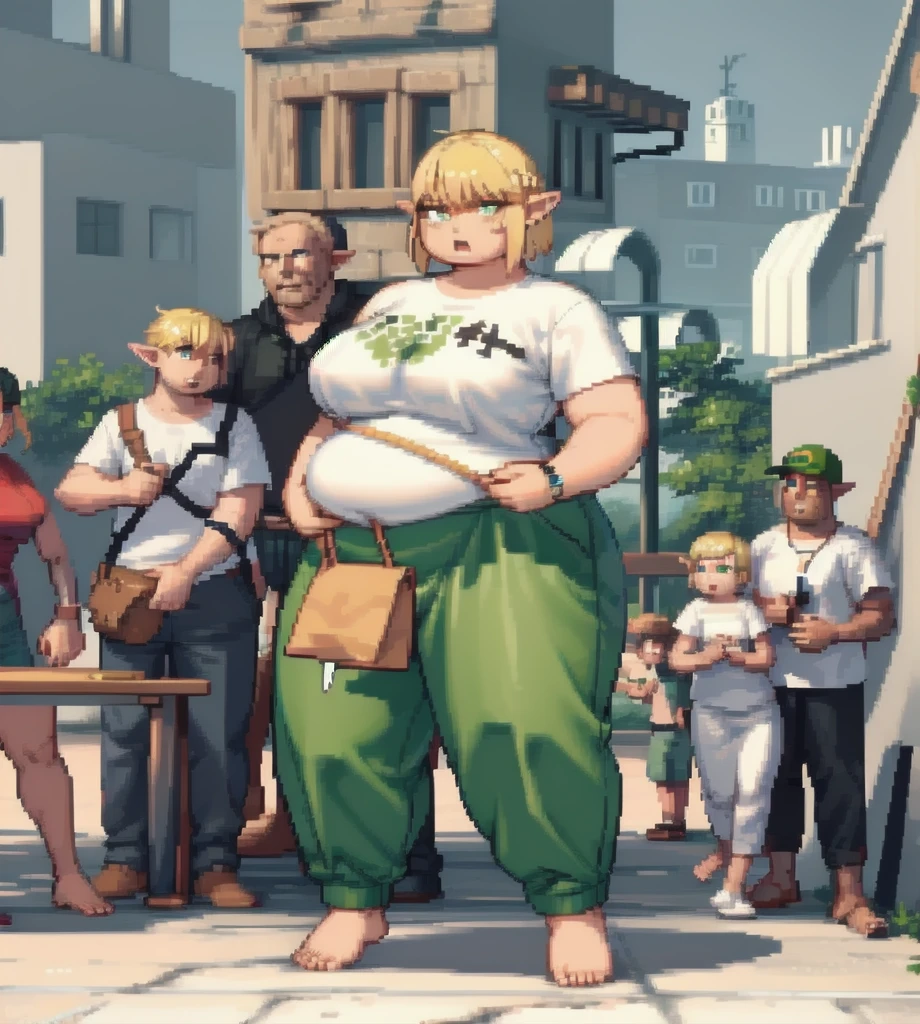 high quality, Pixel, 32 Bits, detailed eyes, 1 solo girl, obese erufuda, short hair, pointy ears, blonde hair, (green eyes:1.5), white t-shirt, green pants, barefoot, braid, big butt, extra big breasts, thick thighs, ((Perfect body)), angry, sunday, 4K