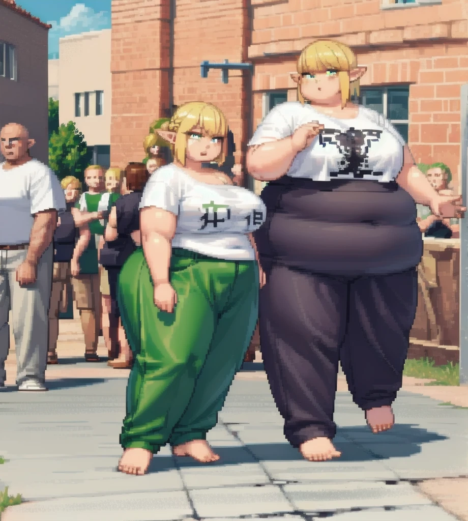 high quality, Pixel, 32 Bits, 1 solo girl, detailed eyes, obese erufuda, short hair, pointy ears, blonde hair, (green eyes:1.5), white t-shirt, green pants, barefoot, braid, big butt, extra big breasts, thick thighs, ((Perfect body)), angry, sunday, 4K