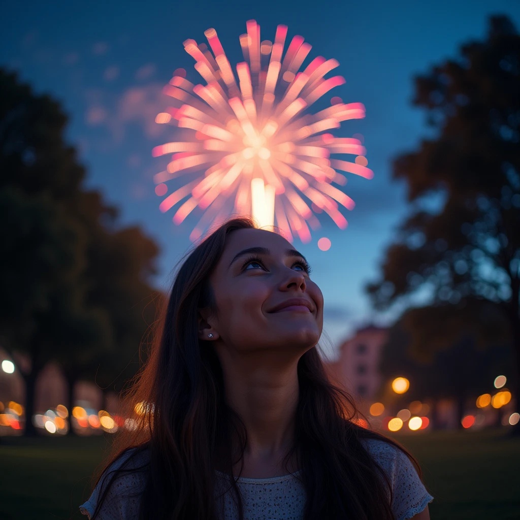Many fireworks in eyes of young lady at night