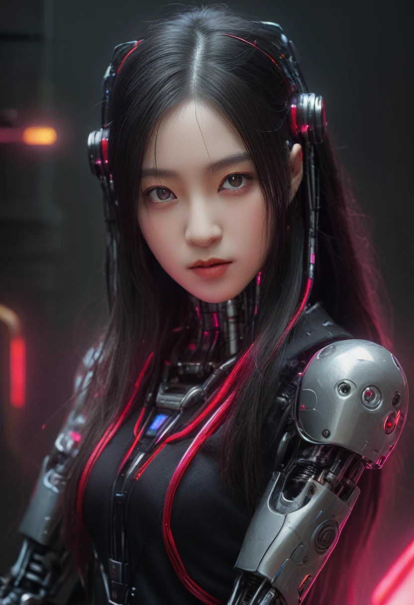 xxmixgirl. Highly detailed professional 35mm film, bokeh, face in sharp focus. A robotic female, Miku, with ((metal skin)), ((perfect Asian eyes)) with magenta irises and ((black pupils)), beautiful serious (detailed face), 18 year old ((photorealistic face)), very long magenta twin tails of magenta hair, twin black hair ties with a single red stripe. She may have a black audio headpiece. We can see her ((full body)) down to her boot soles. Her outfit is a sleeveless collared light grey shirt, outlined in red around the frilled collar and hems. Shiny reflective ((metallic breast cups, dimpleless)), invisible nipples. She wears black sleeves with red hems that start around her upper arm and bellow out as the sleeves open and extend to her wrists, with wide trumpet red rimmed cuffs. She has perfect robotic (detailed hands). She wears a red colored tie with two horizontal solid parallel black lines halfway across. She wears a fabric black skirt with a horizontal red hem at the bottom all the way around; her (((black skirt wraps around her))) and ((her skirt completely covers)) her robotic waist and thighs. Tall black boots with red bottom soles, a red rim around the top at her thighs. Her mechanical shoulder joints are visible. We can see her robotic legs and robotic neck. Half of her is covered with shiny polished machinery. The background is a distant dark neon futuristic Japanese city, gold, cyan, violet neon, near harbor or mountains.