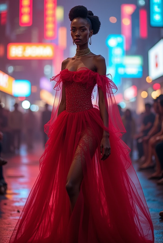 Cyberpunk retrofuturistic biofashion clothing mixing Amazonian indigenous tribal traits and Belenense aristocracy style of the Belle Époque of Pará. Delicate tulle fabric in red color. Front model