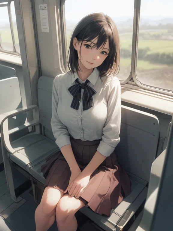 ((Highest quality,High resolution,Very detailed)), (Sharp details, Written boundary depth), real photo style, Mature Woman, ((Sit facing forward)), sitting on a long train seat, Sitting on the seat, posing for a commemorative photo, ((Chair to sit under skirt)), View from the opposite seat, Inside a commuter train, The back of the woman&#39;s head is against the window glass., Slightly low angle shot, ((Holding the hem of her skirt with her hands)), Summer knit dress with cut-out neckline, Exquisite and sophisticated features, Confused expression, Black Hair, Japanese women, Dark brown eyes, double eyelid, , She wears sexy white lace panties over her tights, Tights in tights。