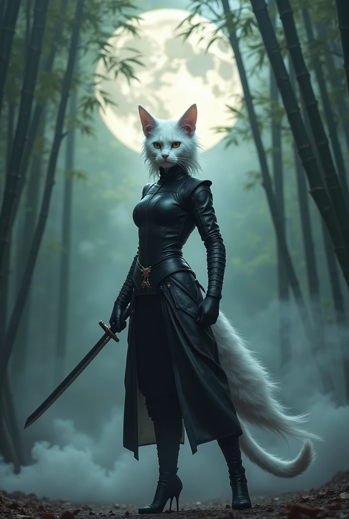 a humanoid white feline wielding a katana called uchigatana, wearing black leather armor