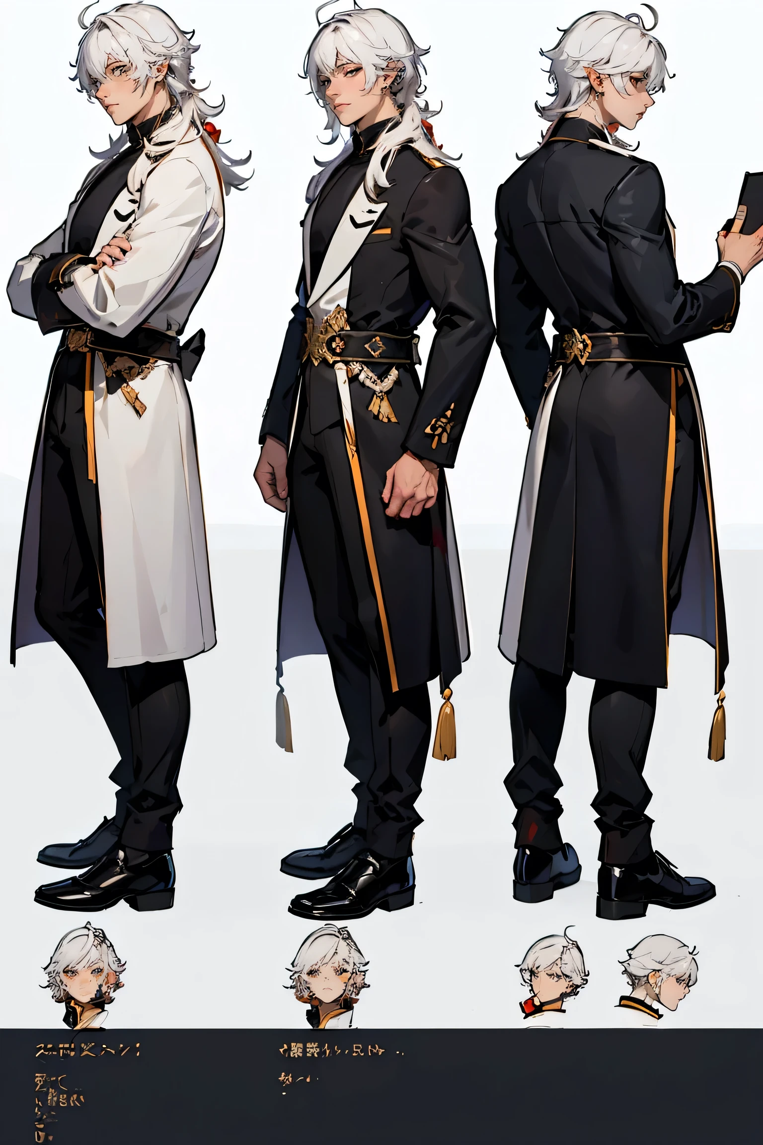 ((masterpiece)),(((Best quality))),(Character Design Sheet,same character,Front,side,back),illustration,1 adult male,(White hair), long hair,beautiful eyes, catboy with White hair，handsome, Fancy Clothing, Genshin&#39;s influence, The man is tall, yellow eyes, Cat&#39;s ears, cat tail, White hair, multi-layered clothing, environment change, also posing, magicianия, charturnbetalora, (simple background, white background: 1.3), medieval clothing, hood, cat ears, femboy, cat tail, yellow eyes