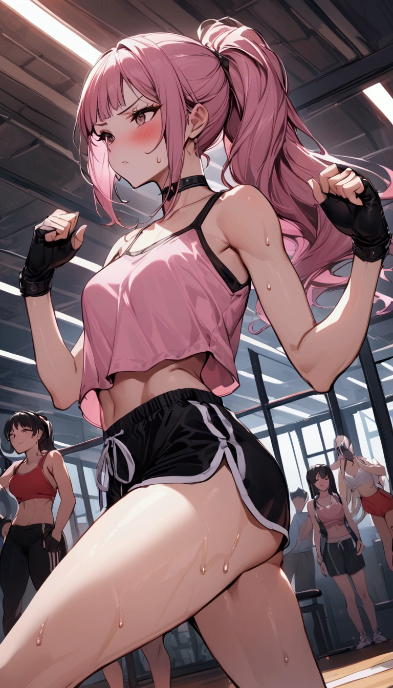 {{masterpiece}}, {{{Highest quality}}},{{Very detailed}}{{female martial artist}},{{Female fighters are sparring in the ring and struggling.}},{{}},solo,1girl, {{Very slim legs:1.2}},slim body,{{}},{{}},Mature Women,Dynamic composition、Dutch Angle,from side,Focus on thighs,,v-shaped eyebrows.profound,Bad mood,blush,Sweat,{{clavicle:1.4}},{{}},,choker,,,,black fingerless gloves,dolphin shorts,　Pink camisole,　long hair,ponytail　Blunt bangs,high-cut sneakers,{{On the ring:1.4}},Small crowd outside the ring,Small outdoor martial arts events