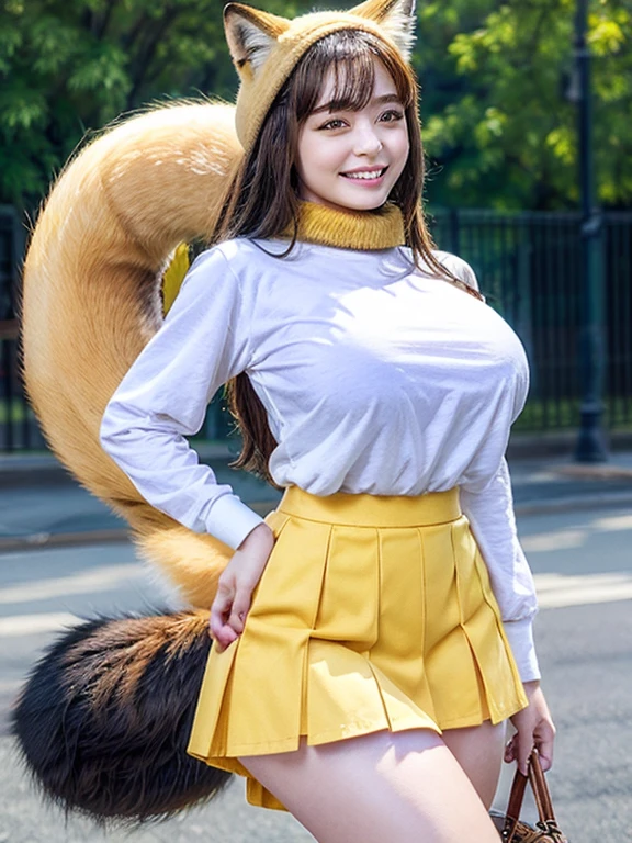 ((Highest quality, 8k)), ((masterpiece)), (Highest Resolution), Perfect Face, Fox Girl, high school girl, Beautiful woman, Outdoor, One tail, she has thick thighs, Big tail, She has a yellow fox tail., She wags her tail, Smiling with teeth showing, Fur collar, She is wearing a short skirt, Beautiful Hips , Big Breasts, The skirt is rolled up with a big tail
