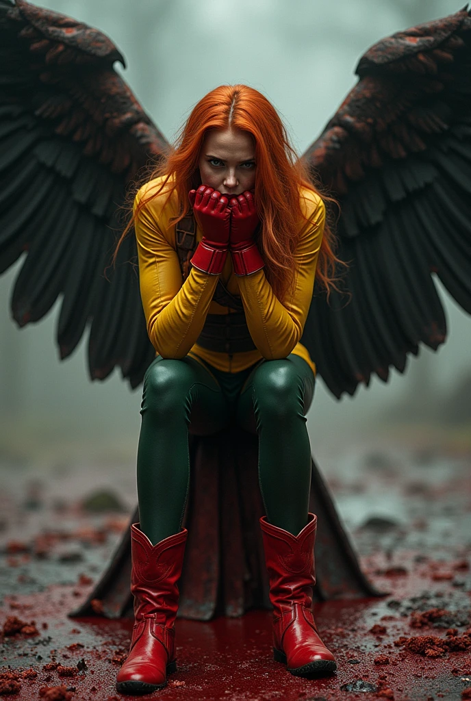 A beautiful woman Gaia Weiss under the mantle of the Thanagarian Warrior Shayera Holl aka Hawkgirl Long orange hair to her knees with her hands on her face screaming exhausted after a battle blood around her Yellow leather top brown harness with thick straps protruding from her neck to her waist and green leather pants red boots and large red gloves brown wings reflection of her in the blood terrifying and bloody images two large wings protruding from her back hawk-shaped helmet inside the blood Dc universe logo