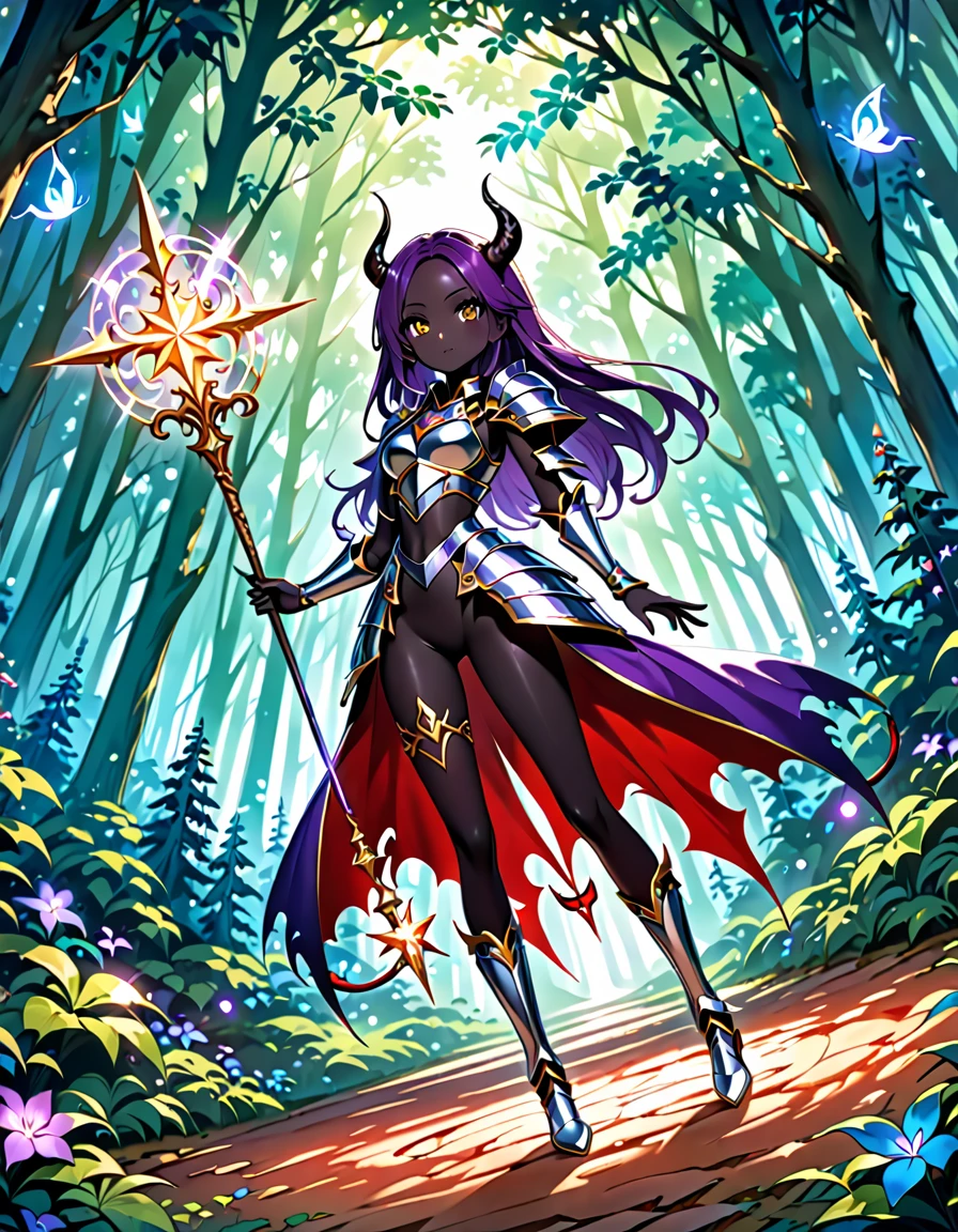 (((Masterpiece, best quality, 16k))) female character with medium-length purple hair and silver eyes. She wears a mystical armor in emerald, black, and gold. wields a magical wand with runes. The character has a mysterious expression, with an enchanted forest as the background. ((full body front view)). ((slender)), (extremely detailed:1.5), (medium-length purple hair:1.2), (silver eyes:1.2), (enchanted forest:1.1), (mystical armor:1.3), (magical wand:1.3), (devil:1.3), (pure black skin:1.3), (dynamic angle:1.2).