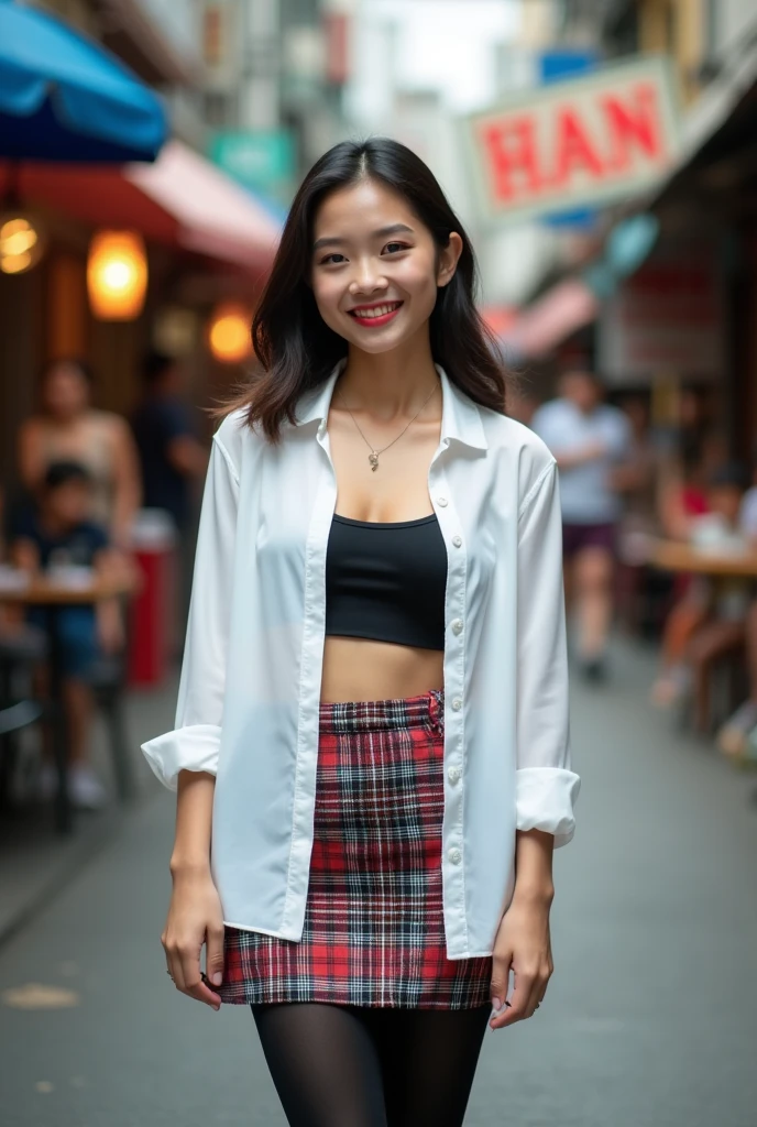Mid length image of an Incredible Thai 18 year old schoolgirl, she is wearing an open white blouse with black bra and plaid skirt and black leggings, he body is small and lithe, she has a round face, she has a wide mouth, medium nose, dark almond shaped eyes with mascara, lipstick, eye shadow, hot Asian babe, Thailand women, high quality