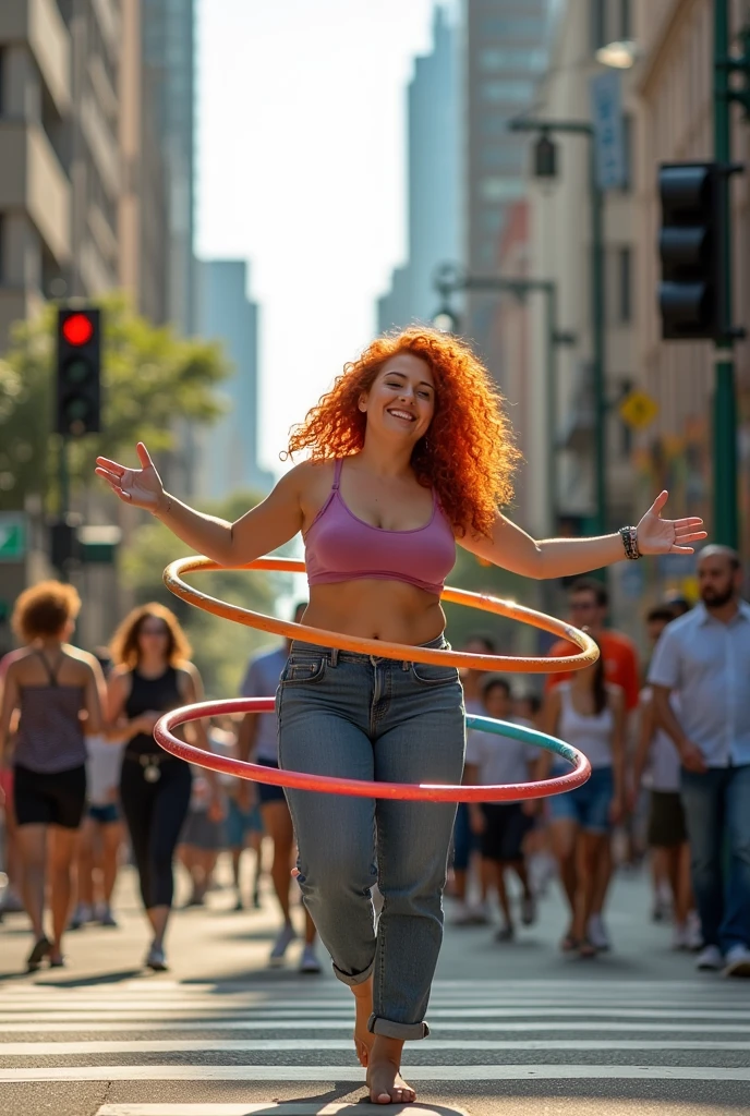 Une fille ronde rousse qui fait du hulahoop au feu rouge avec 3 hulahoop