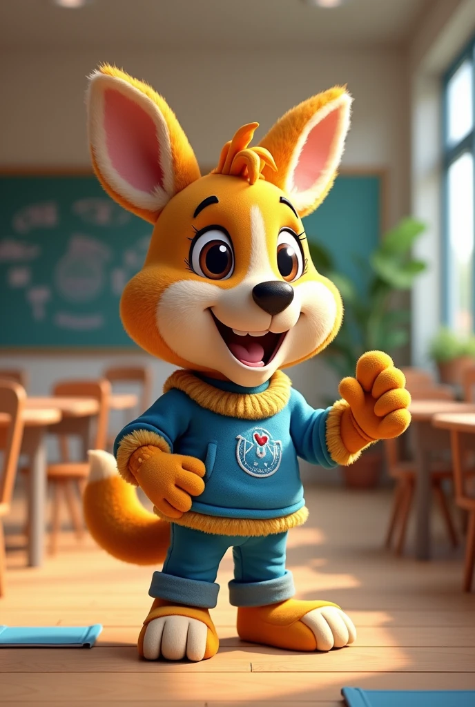 um mascote em forma de PÉ 🦶 de desenho animado para escola com Uniforme azul e amarelo