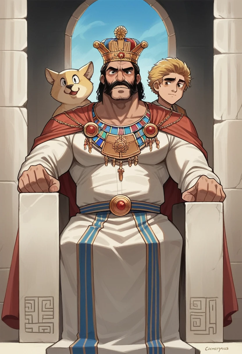 (work of art, best qualityer), king of ancient Greece, king of Mycenae, 30 years old man, seated on his grand throne, with a crown of the crown of ancient Greece on his head. Beside him are two Greek warriors wearing the ((uniform of the Mycenaeans)).