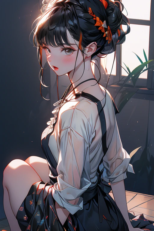 (from above:1.2),(from side:0.9),(A masterpiece of image quality in 8K),(Beautiful Allafed Woman),(((emphasizing breasts:1.1))),(Dynamic angles),(Dynamic and sexy bending pose:1.3),(sit a chair:1.1),(Short hair in shiny silver and orange inner colors,small full breasts,Disturbance of clothing due to movement,breast slip,(Ponytail twisted buns adorned with elaborate braids and beads,Braided Setup Fishbone Hair,),(see-through bangs),(perky chest:1.1), (pointed chest:1.3), small breasts、(((A white lace apron that shows your bare skin from under your small breasts)))、Blush with embarrassment、Enraptured eyes、A smile that beguiles the viewer、(Look back:1.7)、Look into the photographer,skin glistening with sweat,gazing at viewer,,(Professional Lighting),(8K,masutepiece,top-quality,Ultra-high resolution output image,),(Ultra HD with complex detail image modes),depth of fields,Beautiful hands,Beautiful fingers,Detailed finger features,(Detailed hair features:1.7),detailed facial features,detailed clothes features, (perky chest:1.1), (pointed chest:1.3), seductive weak smiling,(with sparkling eyes and a contagious smile),little open mouth,