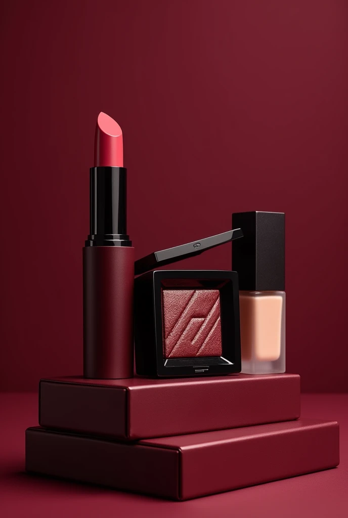 makeup products with burgundy matte packaging no brand name no background
