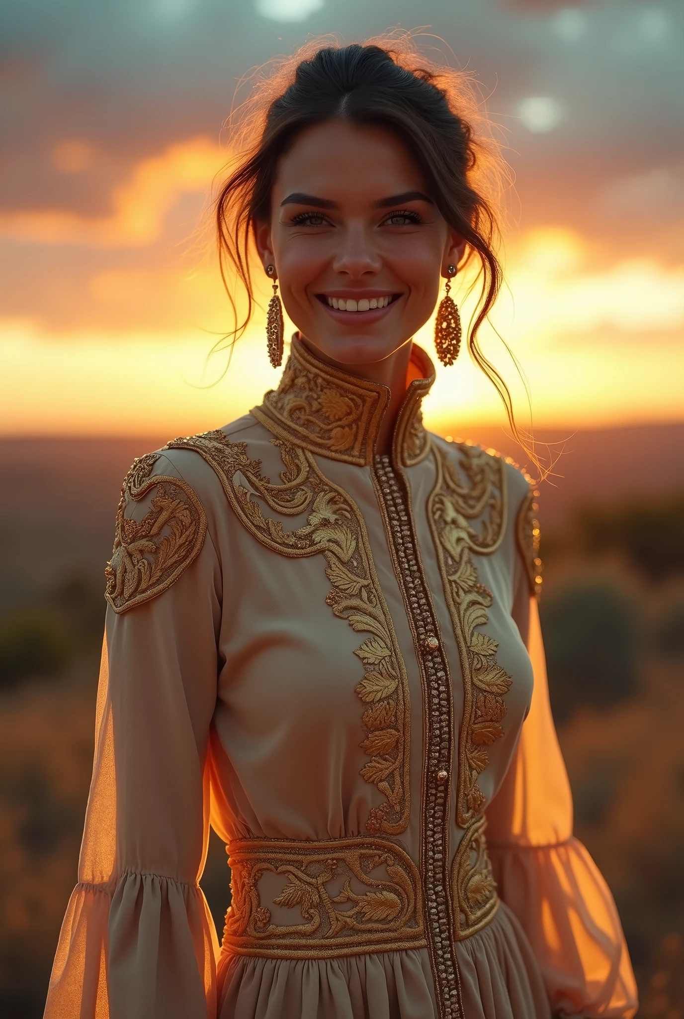 long shot scenic professional photograph of Masterpiece, absurdres,award winning photo, UHD 12k, extremely detailed, amazing, fine detail, ((extremely detailed eyes and face)), by lee jeffries nikon d850 film stock photograph 4 kodak portra 400 camera f1.6 lens rich colors hyper realistic lifelike texture dramatic lighting unrealengine trending on artstation cinestill 800 tungsten, beautiful smiling woman,Haute_Couture, woman ,in a turtleneck_style rustic baige colour dress posing for a picture,golden embroidery,jewelry ,wearing Haute_Couture
perfect viewpoint, highly detailed, wide-angle lens, hyper realistic, with dramatic sky, polarizing filter, natural lighting, vivid colors, everything in sharp focus, HDR, UHD, 64K