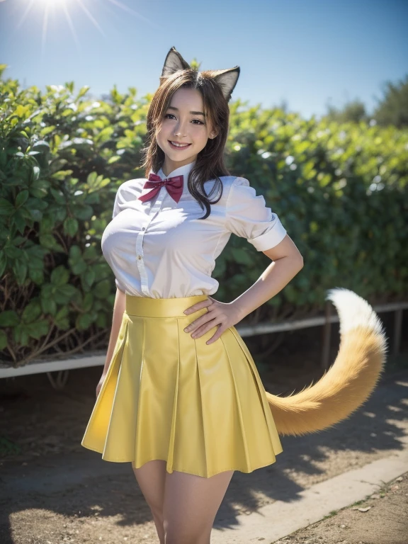 ((Highest quality, 8k)), ((masterpiece)), (Highest Resolution), Perfect Face, Fox Girl, high school girl, Beautiful woman, Outdoor, One tail, she has thick thighs, Big tail, She has a yellow fox tail., She wags her tail, Smiling with teeth showing, Fur collar, She is wearing a short skirt, Beautiful Hips , Big Breasts, The skirt is rolled up with a big tail
