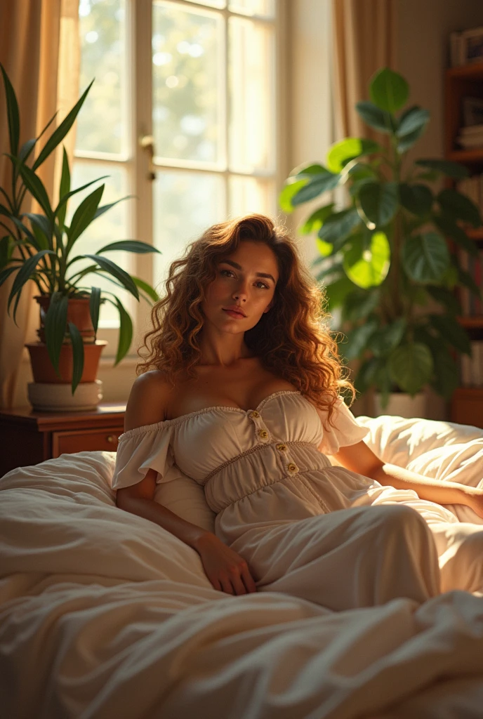 (photorealism:1.2), beautiful woman, sitting on bed, wearing loose off-shoulder top, pajama pants, long curly hair, indoors, soft lighting, plants in background, window with sunlight, cozy room, relaxed pose, realistic, intricate details, warm colors, by Greg Rutkowski, by Alphonse Mucha