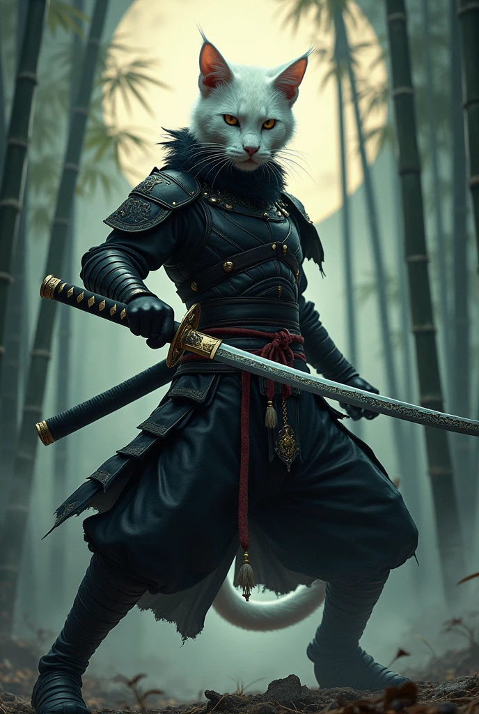 a humanoid white feline wielding a katana called uchigatana, wearing black leather armor
