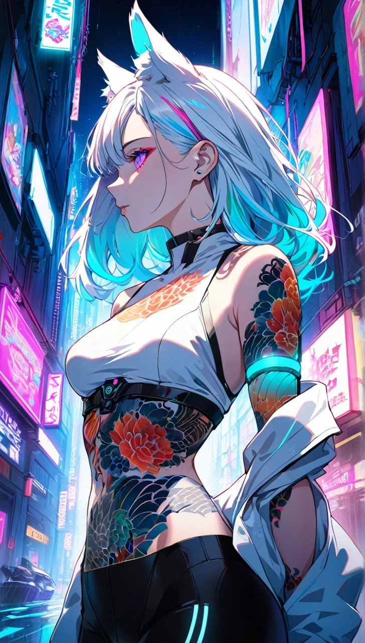 1woman, long white hair with pink and cyan tips,Muticolored hair, fox ears, purple eyes, wearing a white coat,wearing black leggings, wearing white undershirt, tattoos on arms,  colorful japanese koi tattoos, showing body,medium breasts, cyberpunk, profile picture perspective, neon, loose hair, waist up perspective