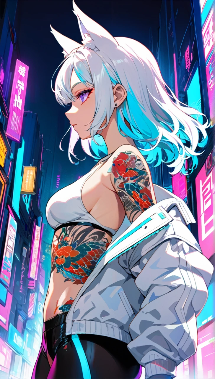 1woman, long white hair with pink and cyan tips,Muticolored hair, fox ears, purple eyes, wearing a white coat,wearing black leggings, wearing white undershirt, tattoos on arms, colorful japanese koi tattoos, showing body,medium breasts, cyberpunk, profile picture perspective, neon, loose hair, waist up perspective