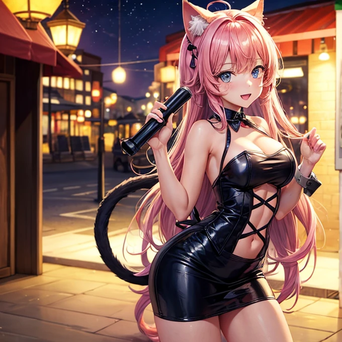 A girl with cat ears and a tail who works at a night bar