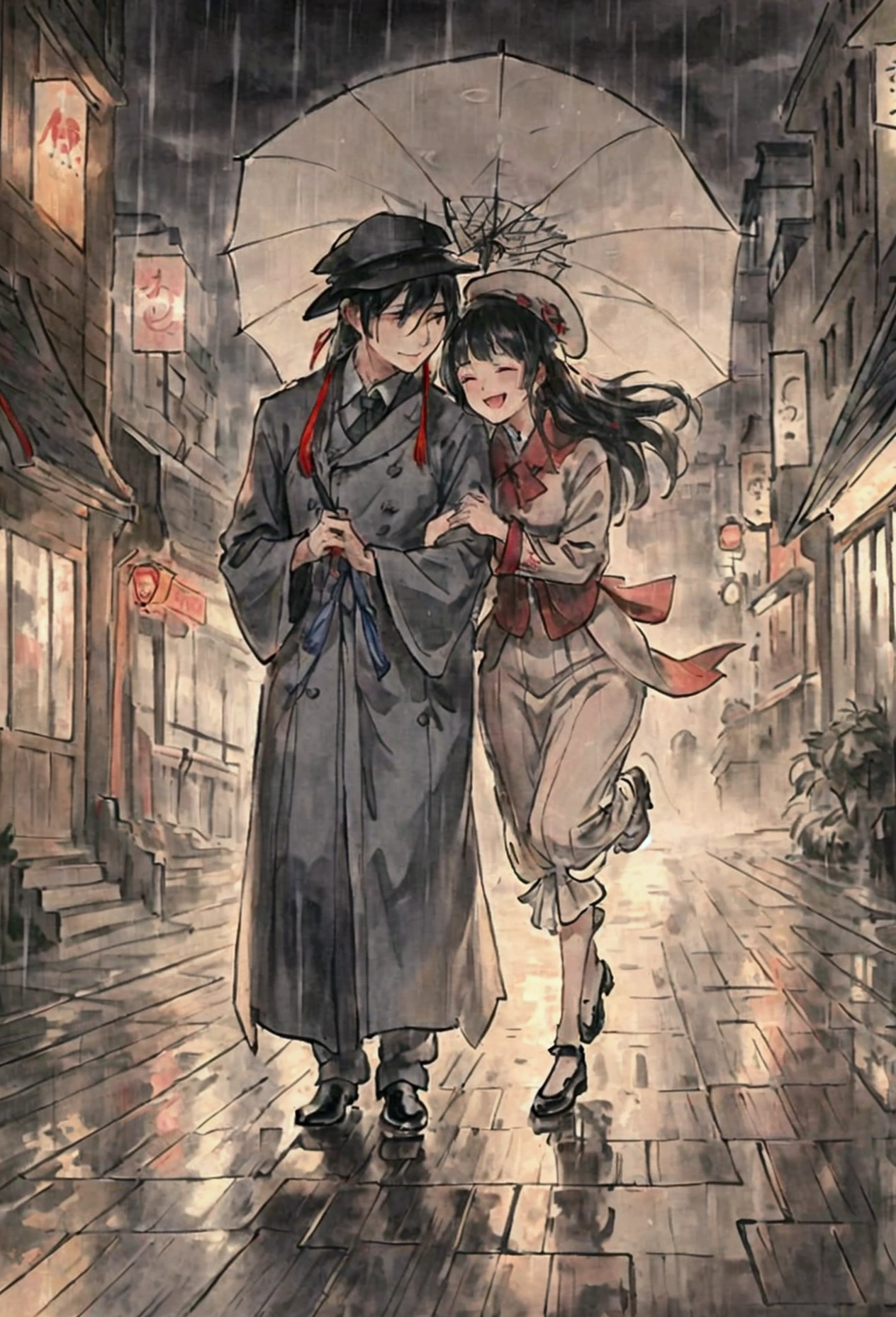 A charming young couple sharing a single, vibrant red umbrella on a bustling city street. The scene is set during a sudden downpour, with raindrops scattering diagonally across the frame, creating a soft, romantic blur. The couple, dressed in complementary shades of grey and blue, stand close together, their heads tilted towards each other as they laugh in the rain. The woman's long hair is slightly damp and clings to her cheek, while the man's hat has a slight tilt, revealing a playful smile. The umbrella's canopy is a stark contrast to the monochrome cityscape, casting a warm glow on their faces. The wet cobblestone pavement reflects the streetlights, creating a pattern of shimmering circles, as pedestrians in the background hurry by, their own umbrellas a mosaic of colors. The couple seems unfazed by the rain, their eyes sparkling with joy and connection, as they share a moment of intimacy amidst the urban chaos. The buildings surrounding them are a mix of old and new, with ivy climbing the bricks of the historical structures, and neon lights from the modern ones casting a colorful glow on the raindrenched streets. The scene is captured with a slight tilt, adding a whimsical touch to the otherwise realistic photograph. The overall effect is one of spontaneous romance and shared warmth in an unexpected moment of precipitation.