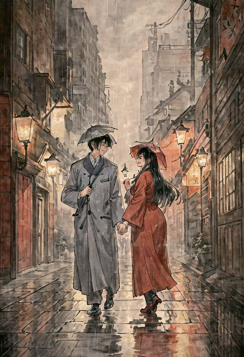 A charming young couple sharing a single, vibrant red umbrella on a bustling city street. The scene is set during a sudden downpour, with raindrops scattering diagonally across the frame, creating a soft, romantic blur. The couple, dressed in complementary shades of grey and blue, stand close together, their heads tilted towards each other as they laugh in the rain. The woman's long hair is slightly damp and clings to her cheek, while the man's hat has a slight tilt, revealing a playful smile. The umbrella's canopy is a stark contrast to the monochrome cityscape, casting a warm glow on their faces. The wet cobblestone pavement reflects the streetlights, creating a pattern of shimmering circles, as pedestrians in the background hurry by, their own umbrellas a mosaic of colors. The couple seems unfazed by the rain, their eyes sparkling with joy and connection, as they share a moment of intimacy amidst the urban chaos. The buildings surrounding them are a mix of old and new, with ivy climbing the bricks of the historical structures, and neon lights from the modern ones casting a colorful glow on the raindrenched streets. The scene is captured with a slight tilt, adding a whimsical touch to the otherwise realistic photograph. The overall effect is one of spontaneous romance and shared warmth in an unexpected moment of precipitation.