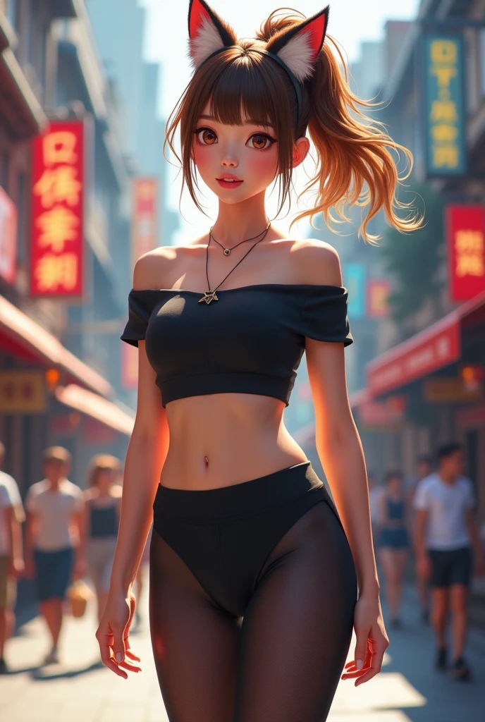 ((work of art)), best qualityer, absurderes, ultra detaild, holographic, cowboy shot, dynamic pose, golden ratio, super cute girl, Madura, extremely pretty, super beautiful Asian girl with super cute bright brown eyes, super fit and sexy body, super gorgeous legs, super cute short multicolored brown hair, high ponytail, glowing and super pretty skin, beautiful and sexy body, Slim and delicate body, perfectbody, wearing a super tight black short-sleeved top, bared shoulders, super tight translucent black leggings, hot panties, fox hairband, being photographed on a popular street