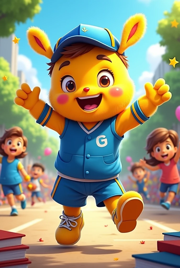 a cartoon mascot for school with blue and yellow uniform 