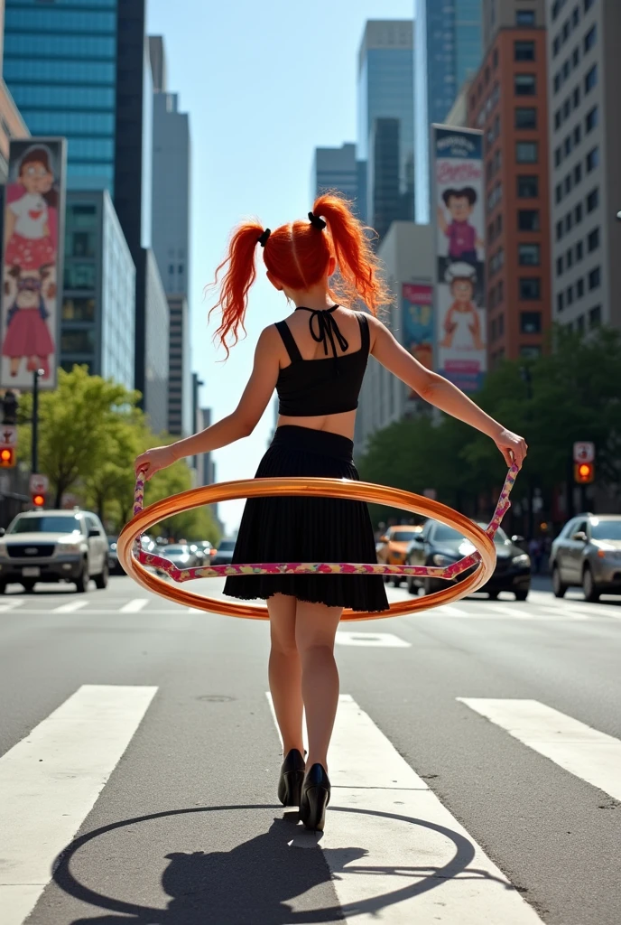 A round, red-haired girl with her hair tied up, jupe noir et haut noir qui fait du hulahoop au feu rouge avec 3 hulahoop