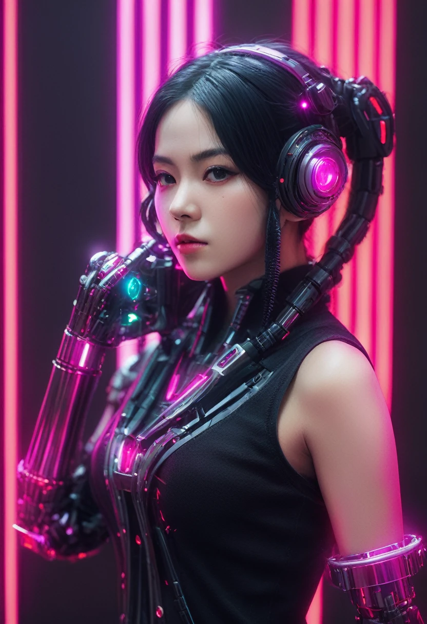 mixgirl. Highly detailed professional 35mm film, bokeh, face in sharp focus. A robotic female, Miku, with ((metal skin)), ((perfect Asian eyes)) with magenta irises and ((black pupils)), beautiful serious (detailed face), 18 year old ((photorealistic face)), very long magenta twin tails of magenta hair, twin black hair ties with a single red stripe. She may have a black audio headpiece. We can see her ((full body)) down to her boot soles. Her outfit is a sleeveless collared light grey shirt, outlined in red around the frilled collar and hems. Shiny reflective ((metallic brups, dimpleless)), invisible nipples.ars black sleeves with red hems that start around her upper arm and bellow out as the sleeves open and extend to her wrists, with wide trumpet red rimmed cuffs. She has perfect robotic (detailed hands). She wears a red colored tie with two horizontal solid parallel black lines halfway across. She wears a fabric black skirt with a horizontal red hem at the bottom all the way around; her (((black skirt wraps around her))) and ((her skirt completely covers)) her robotic waist and thighs. Tall black boots with red bottom soles, a red rim around the top at her thighs. Her mechanical shoulder joints are visible. We can see her robotic legs and robotic neck. Half of her is covered with shiny polished machinery. The background is a distant dark neon futuristic Japanese city, gold, cyan, violet neon, near harbor or mountains.