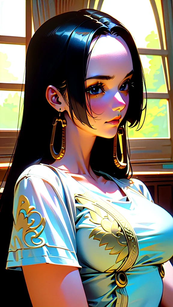 ultra realistic 8k cg, masterpiece, ((ultra detailed background, delicate pattern, intricate detail, highly detailed, fine details best quality, hyperdetailed face)), (photorealistic:1.4), pernas lindas, beautiful lighting, absurdres, RAW photo, film grain, BoaHancockV2, 1girl, solo, black hair, long hair, jewelry, closed mouth, (((medium breasts, slim girl))), (white T-shirt, jeans earrings, black eyes, complex detailed background, inside, castle room environment, medieval castle, gray walls, window, bookshelf), ((close-up, portrait)),